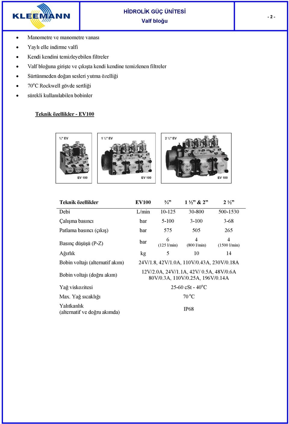 özelliği 70 ο C Rockwell gövde sertliği sürekli kullanılabilen bobinler Teknik özellikler - EV100 Teknik özellikler EV100 ¾ 1 ½ & 2 2 ½ Debi L/min 10-125 30-800 500-1530 Çalışma basıncı bar 5-100
