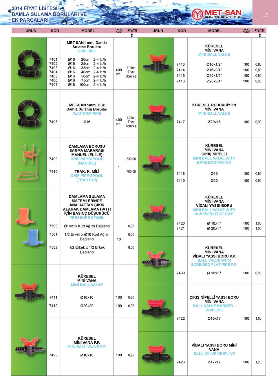 Lütfen Fiyat Sorunuz 743 744 745 74 KÜRESEL MİNİ VANA MINI BALL VALVE Øx/ Øx3/4 Ø0x/ Ø0x3/4 0,80 0,80 0,90 0,90 7408 MET-SAN mm. Düz Damla Sulama Boruları FLAT DRIP PIPE Ø 400 mt.