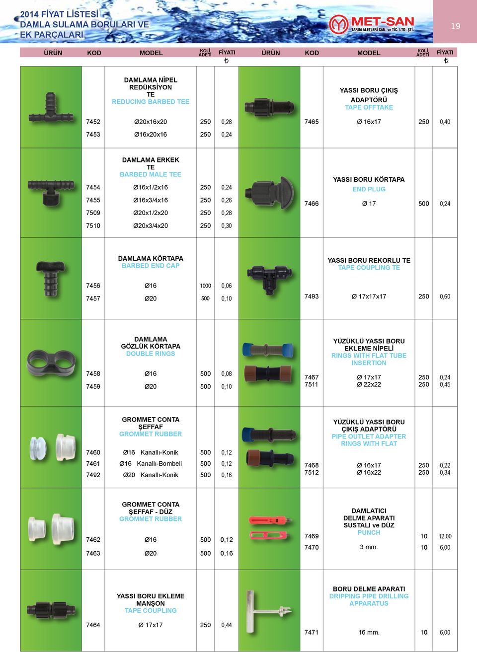 END CAP YASSI BORU REKORLU TE TAPE COUPLING TE 745 Ø 0 0,0 7457 Ø0 0 0, 7493 Ø 7x7x7 0,0 DAMLAMA GÖZLÜK KÖRTAPA DOUBLE RINGS YÜZÜKLÜ YASSI BORU EKLEME NİPELİ RINGS WITH FLAT TUBE INSERTION 7458 7459