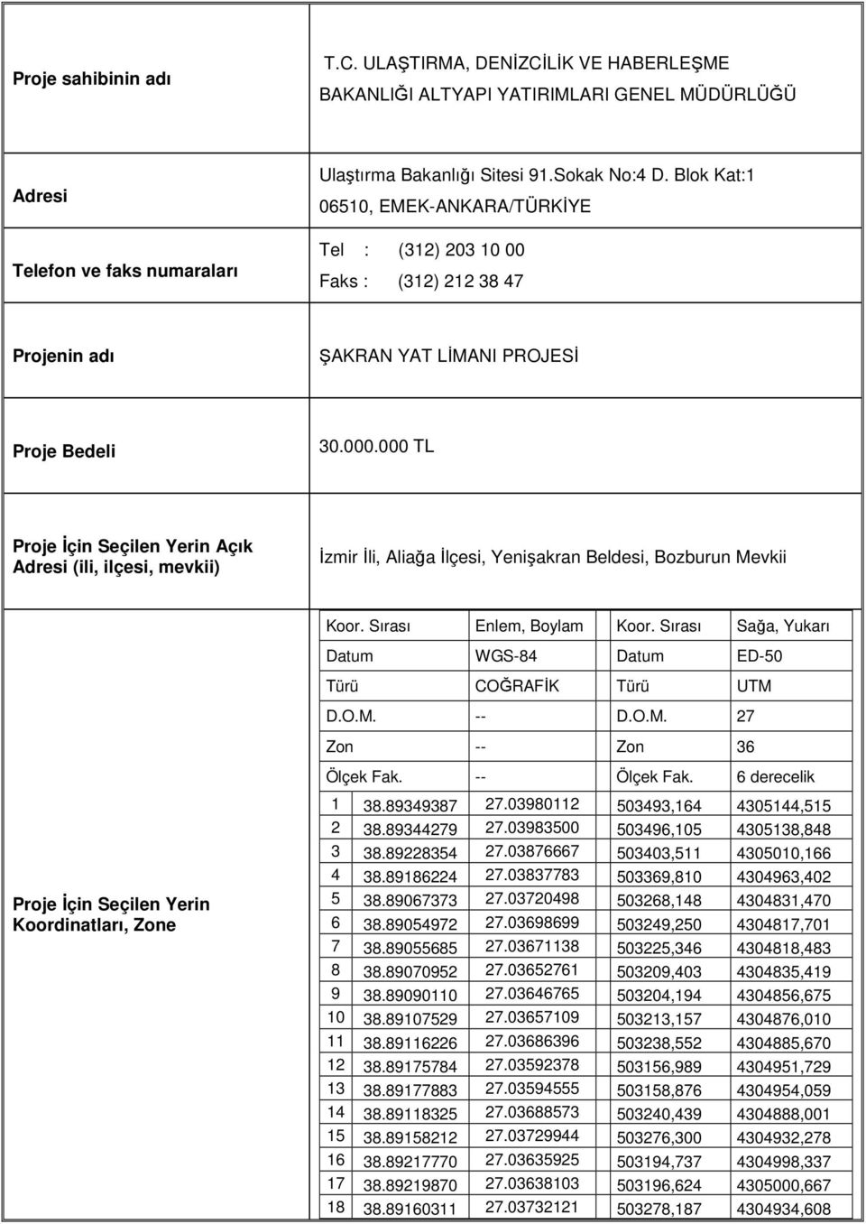 000 TL Proje İçin Seçilen Yerin Açık Adresi (ili, ilçesi, mevkii) İzmir İli, Aliağa İlçesi, Yenişakran Beldesi, Bozburun Mevkii Koor. Sırası Enlem, Boylam Koor.