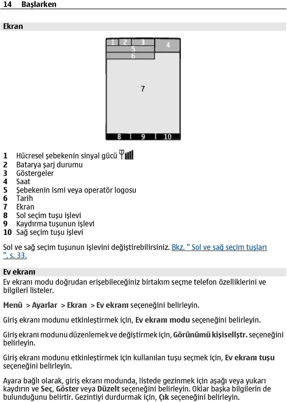 Ev ekranı Ev ekranı modu doğrudan erişebileceğiniz birtakım seçme telefon özelliklerini ve bilgileri listeler. Menü > Ayarlar > Ekran > Ev ekranı seçeneğini belirleyin.