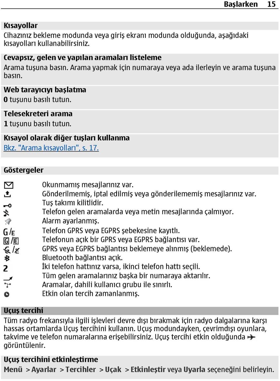 Kısayol olarak diğer tuşları kullanma Bkz. "Arama kısayolları", s. 17. Göstergeler Okunmamış mesajlarınız var. Gönderilmemiş, iptal edilmiş veya gönderilememiş mesajlarınız var. Tuş takımı kilitlidir.