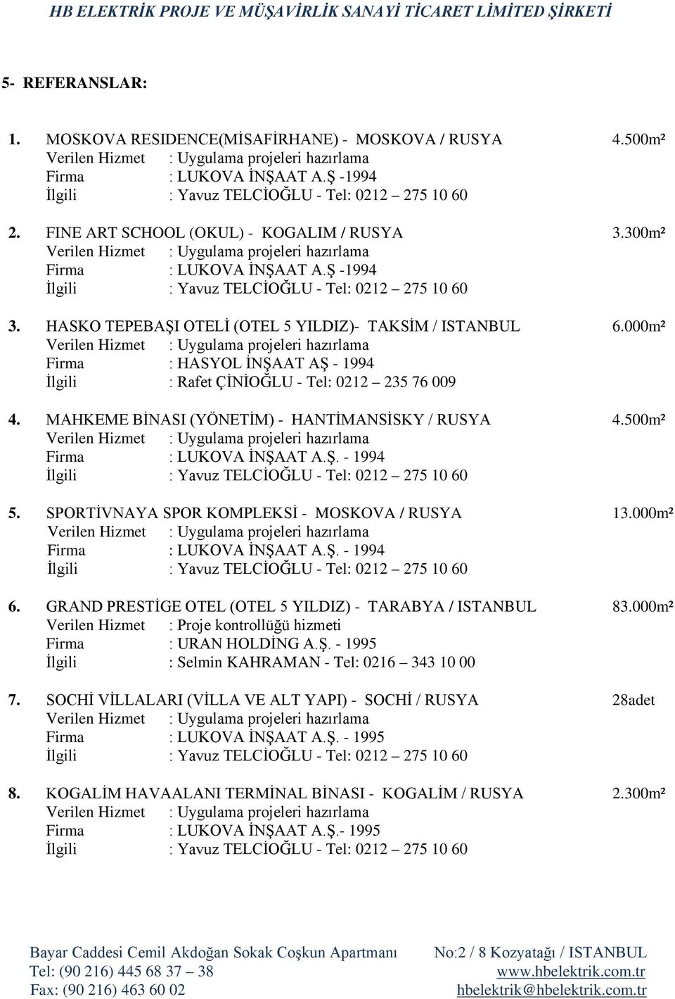 000m² Firma : HASYOL İNŞAAT AŞ - 1994 İlgili : Rafet ÇİNİOĞLU - Tel: 0212 235 76 009 4. MAHKEME BİNASI (YÖNETİM) - HANTİMANSİSKY / RUSYA 4.500m² Firma : LUKOVA İNŞAAT A.Ş. - 1994 İlgili : Yavuz TELCİOĞLU - Tel: 0212 275 10 60 5.