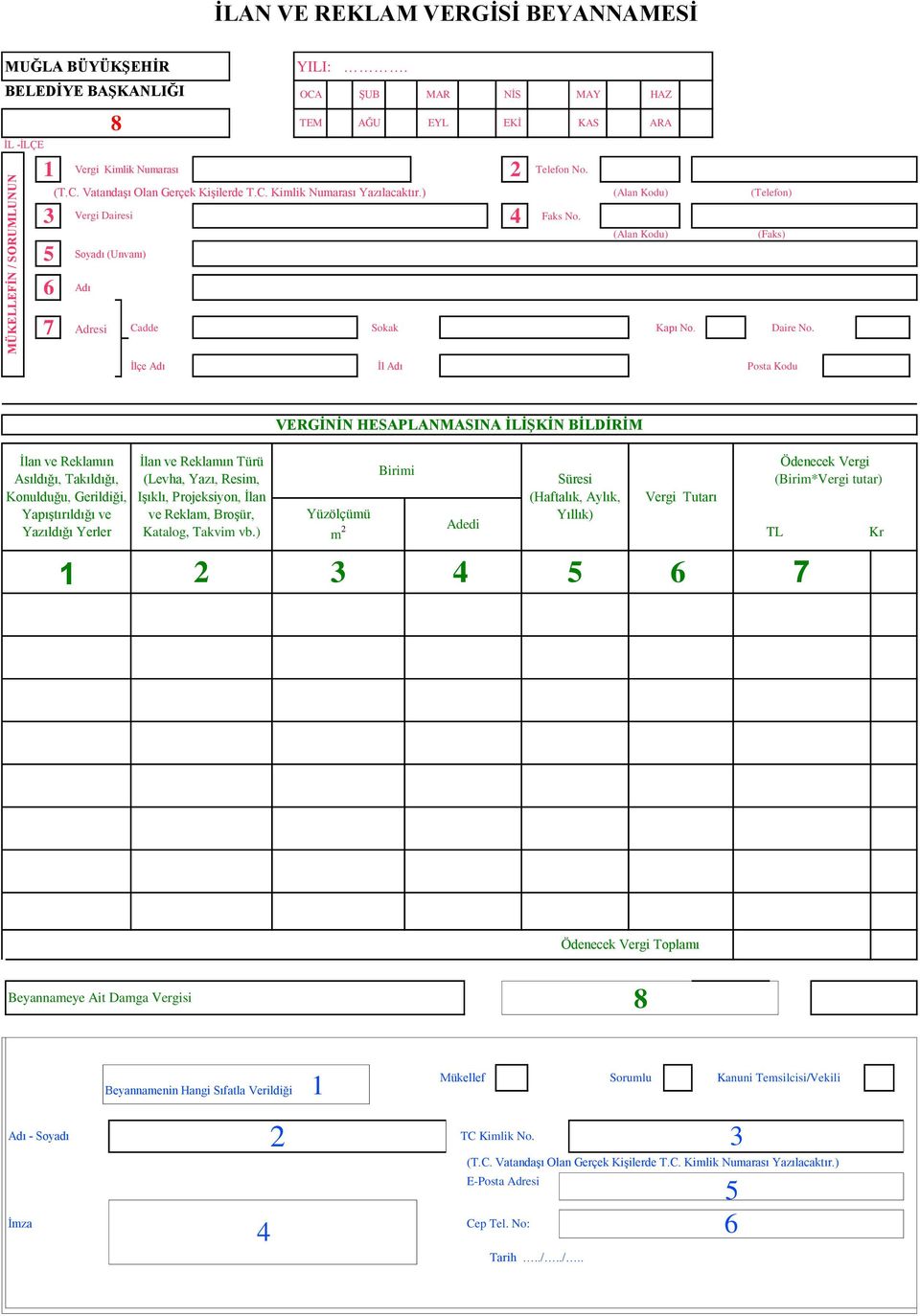 (Alan Kodu) (Faks) Soyadı (Unvanı) Adı Adresi Cadde Sokak Kapı No. Daire No.