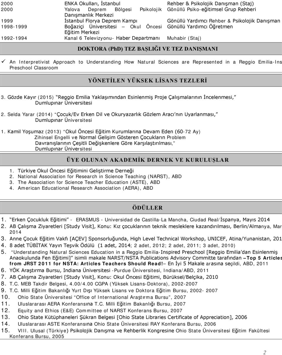 DOKTORA (PhD) TEZ BAŞLIĞI VE TEZ DANIŞMANI An Interpretivist Approach to Understanding How Natural Sciences are Represented in a Reggio Emilia-Ins Preschool Classroom YÖNETİLEN YÜKSEK LİSANS TEZLERİ