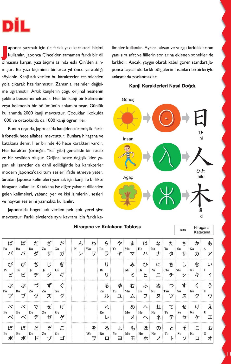 Artık kanjilerin çoğu orijinal nesnenin şekline benzememektedir. Her bir kanji bir kelimenin veya kelimenin bir bölümünün anlamını taşır. Günlük kullanımda 2000 kanji mevcuttur.