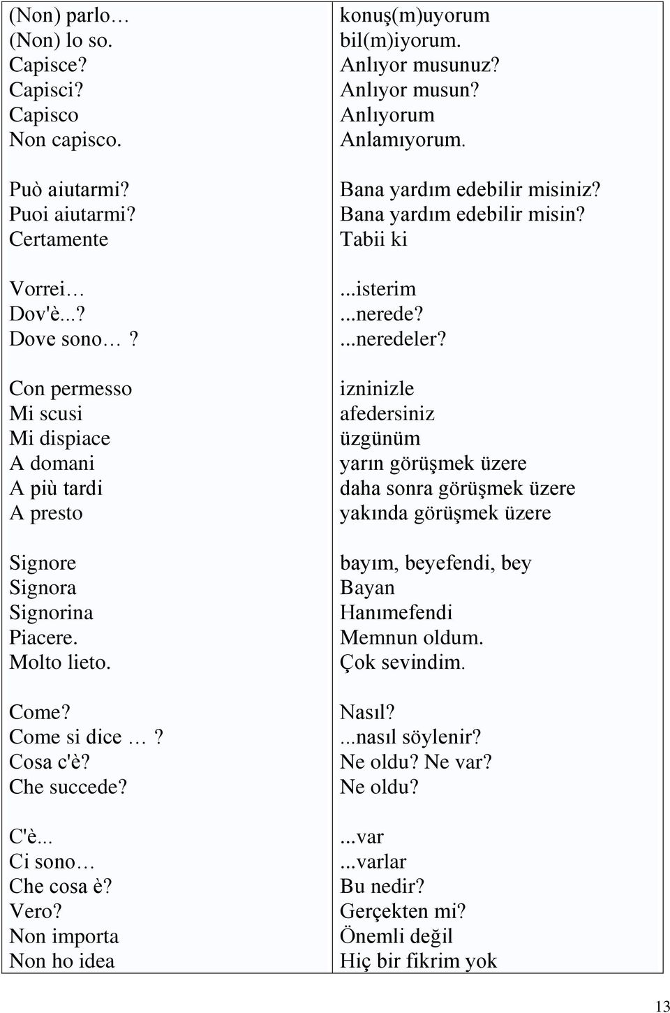 Non importa Non ho idea konuş(m)uyorum bil(m)iyorum. Anlıyor musunuz? Anlıyor musun? Anlıyorum Anlamıyorum. Bana yardım edebilir misiniz? Bana yardım edebilir misin? Tabii ki...isterim...nerede?