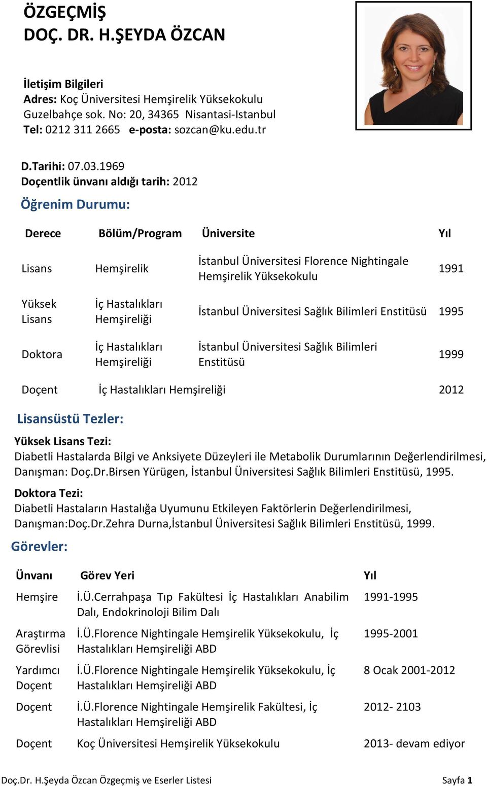 1969 Doçentlik ünvanı aldığı tarih: 2012 Öğrenim Durumu: Derece Bölüm/Program Üniversite Yıl Lisans Hemşirelik İstanbul Üniversitesi Florence Nightingale Hemşirelik Yüksekokulu 1991 Yüksek Lisans İç