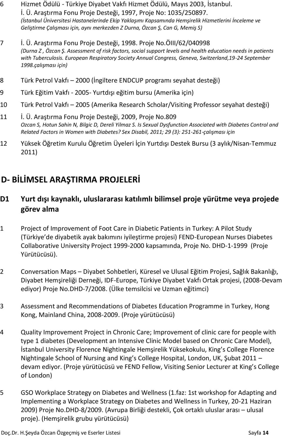 Proje No.ÖIII/62/040998 (Durna Z, Özcan Ş. Assessment of risk factors, social support levels and health education needs in patients with Tuberculosis.