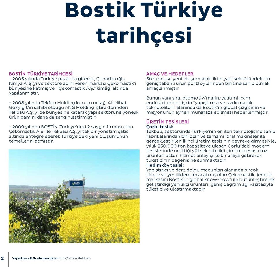 yi de bünyesine katarak yapı sektörüne yönelik ürün gamını daha da zenginleştirmiştir. - 2009 yılında BOSTİK, Türkiye deki 2 saygın firması olan Çekomastik A.Ş.