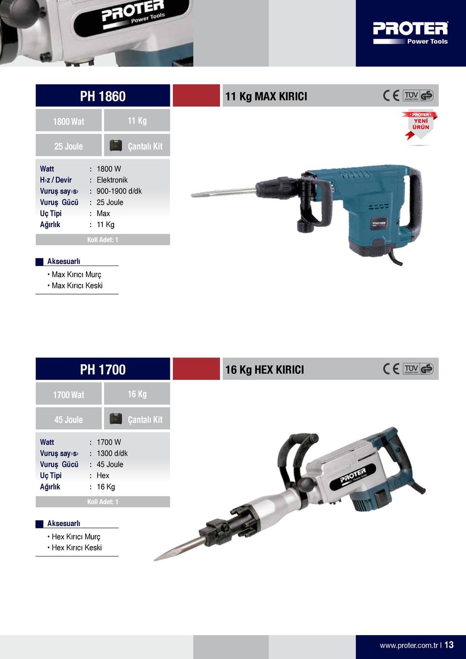 Kırıcı Keski PH 1700 16 Kg HEX KIRICI 1700 Wat 16 Kg 45 Joule Vuruş say s Vuruş Gücü Uç Tipi Ağırlık 1700 W