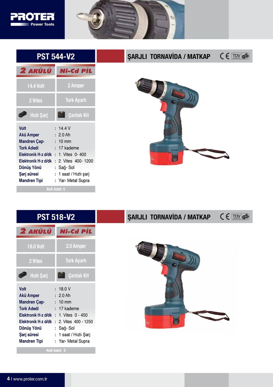 Koli Adet 5 14.4 V 2.0 Ah 10 mm 17 kademe 1. Vites 0-400 2. Vites 400-1200 Sağ- Sol 1 saat / Hızlı şarj Yar Metal Supra PST 518-V2 ŞARJLI TORNAVİDA / MATKAP 18.0 Volt 2.