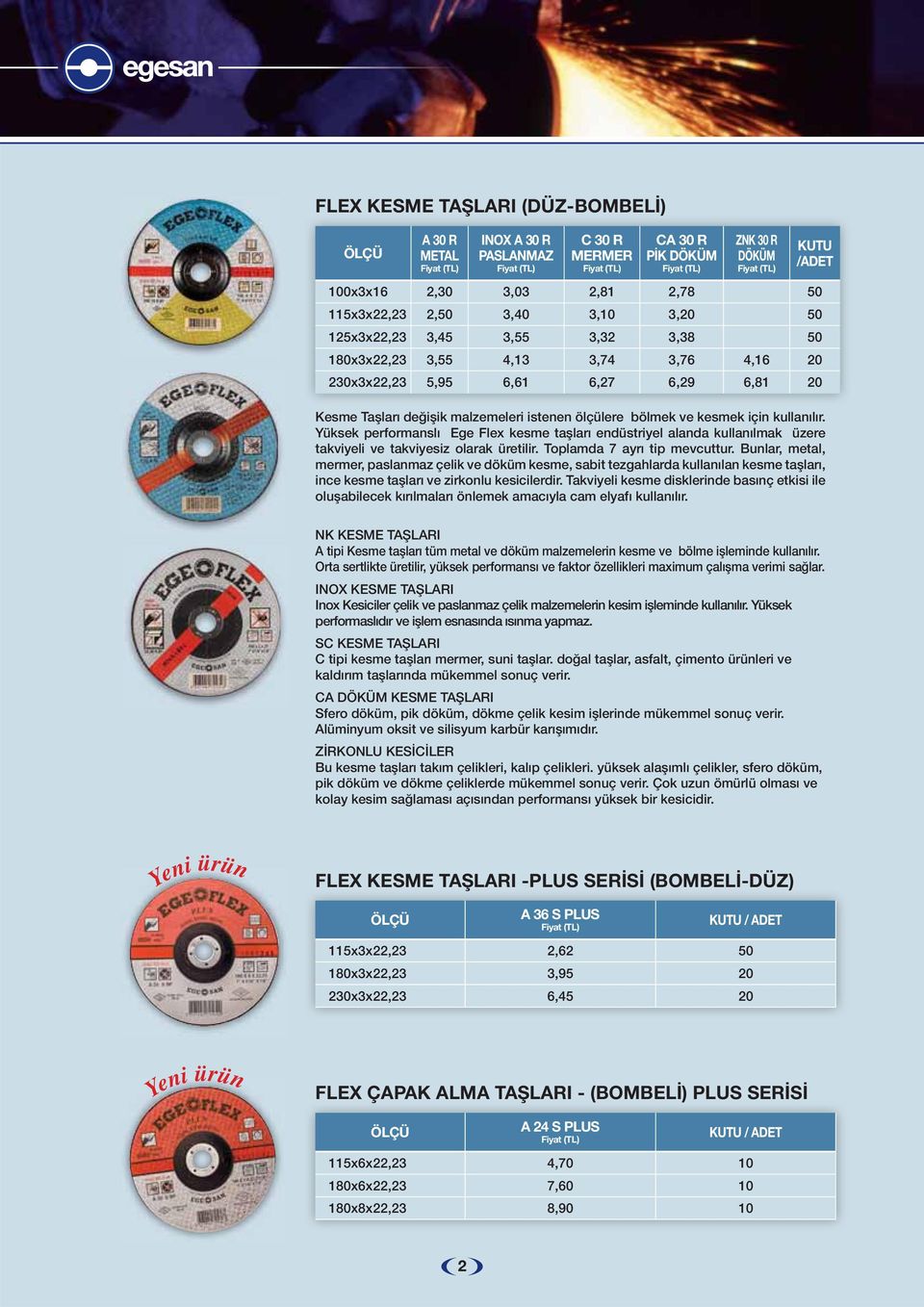 Yüksek performanslı Ege Flex kesme taşları endüstriyel alanda kullanılmak üzere takviyeli ve takviyesiz olarak üretilir. Toplamda 7 ayrı tip mevcuttur.