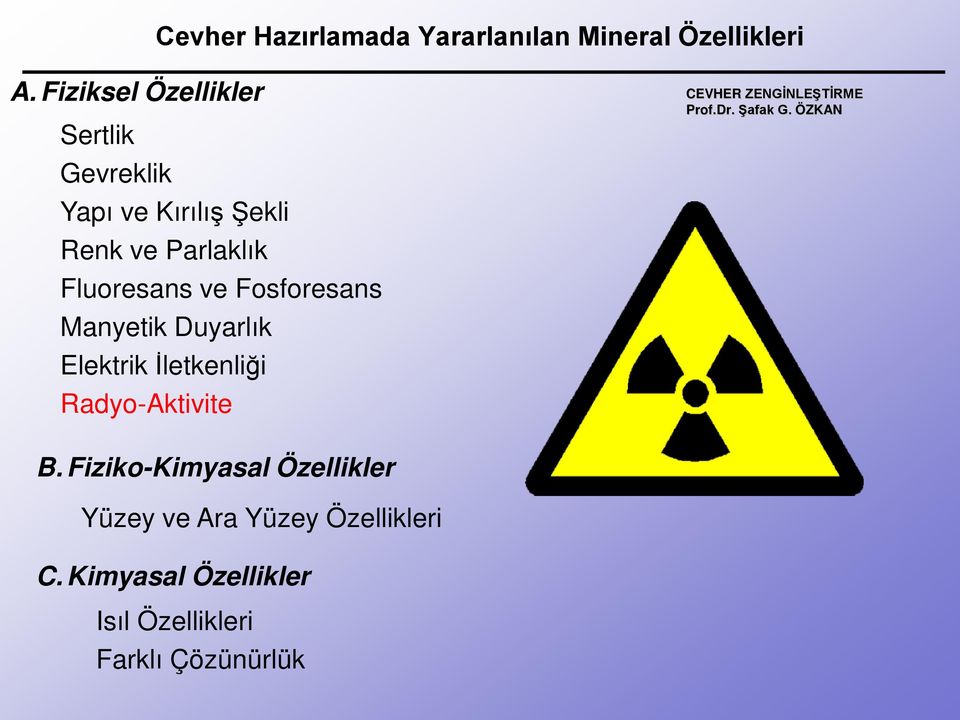 Fluoresans ve Fosforesans Manyetik Duyarlık Elektrik İletkenliği Radyo-Aktivite B.