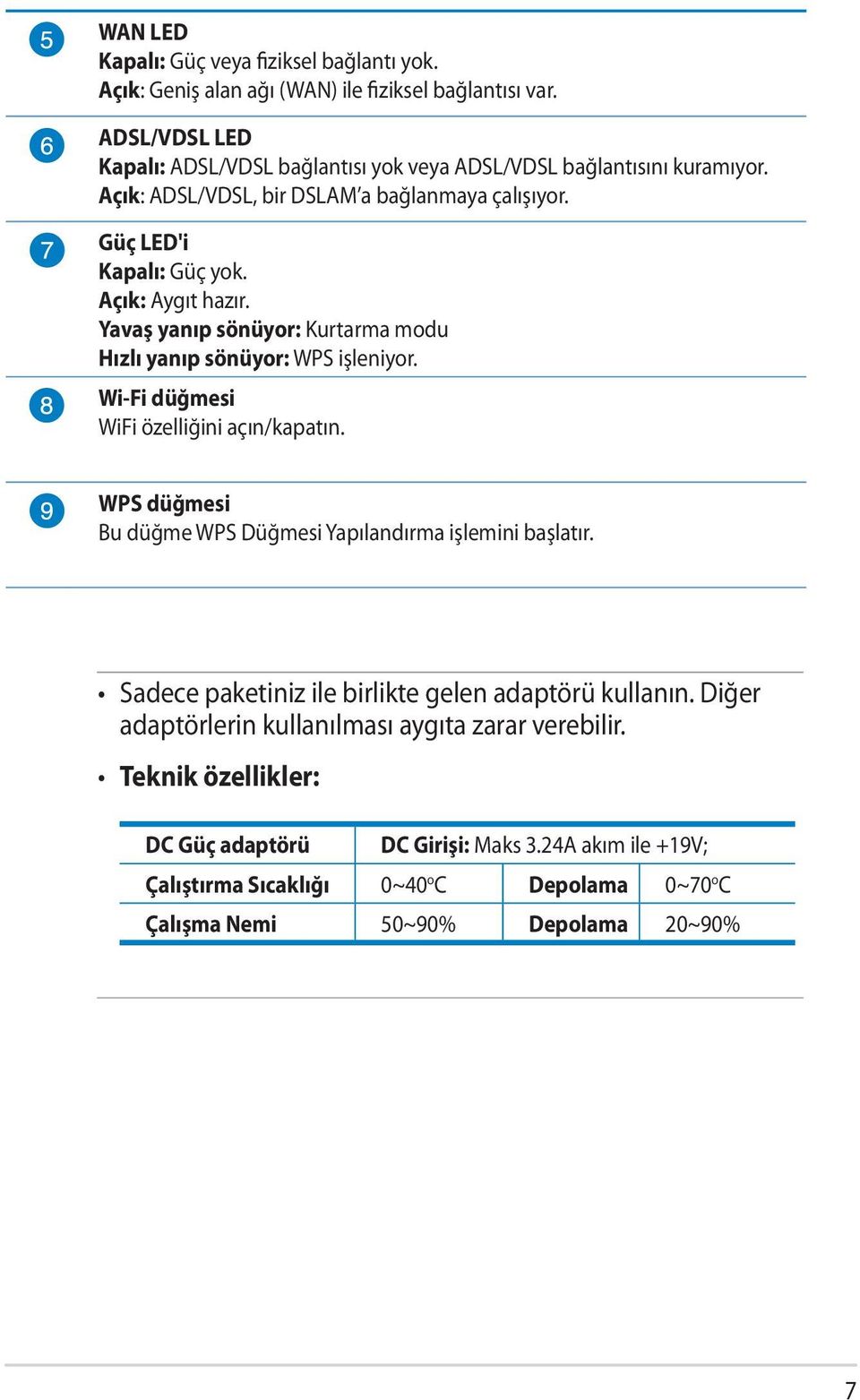 Yavaş yanıp sönüyor: Kurtarma modu Hızlı yanıp sönüyor: WPS işleniyor. Wi-Fi düğmesi WiFi özelliğini açın/kapatın. WPS düğmesi Bu düğme WPS Düğmesi Yapılandırma işlemini başlatır.