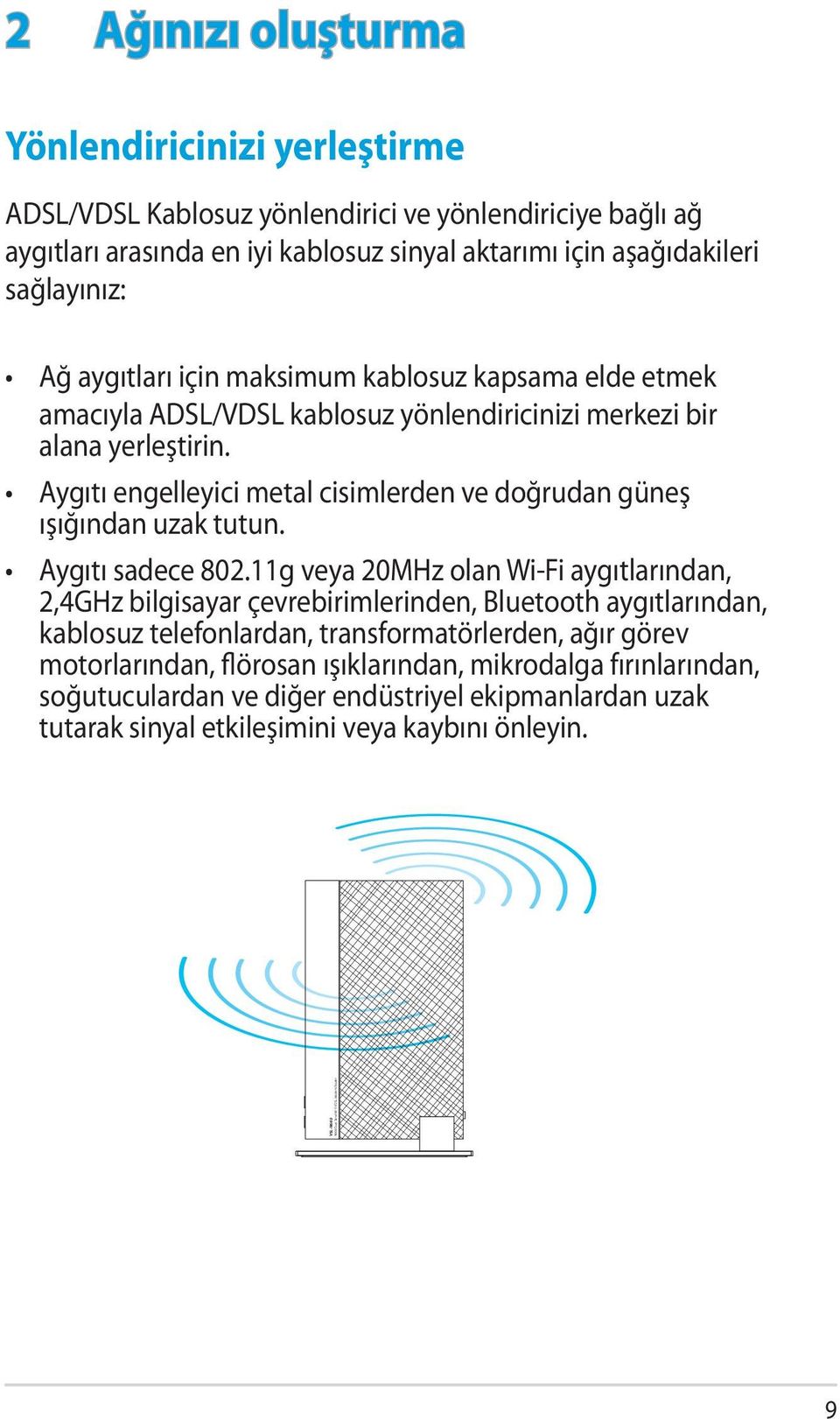 Aygıtı engelleyici metal cisimlerden ve doğrudan güneş ışığından uzak tutun. Aygıtı sadece 802.