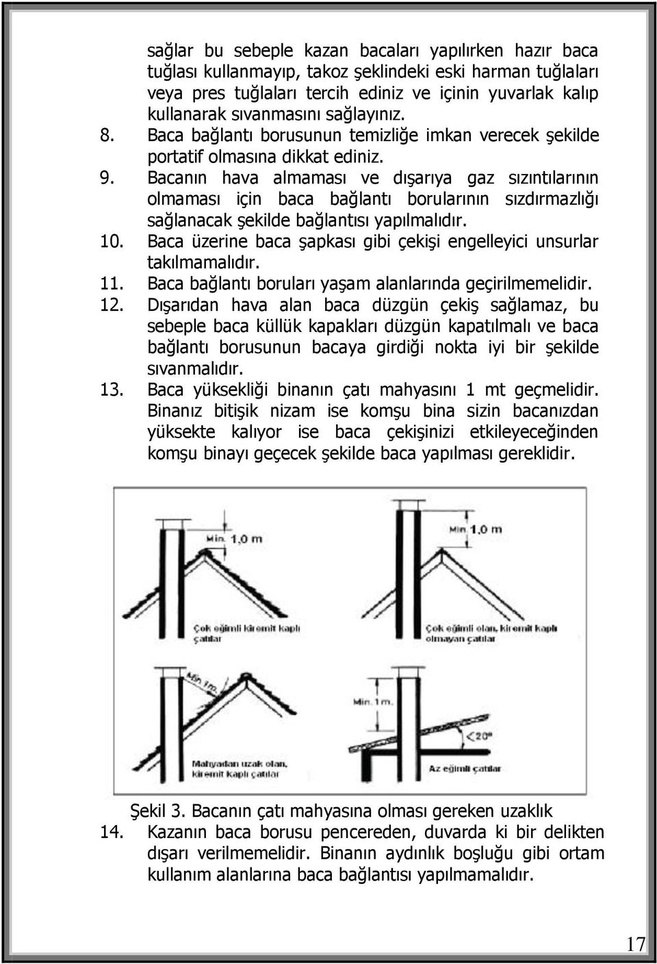 Bacanın hava almaması ve dışarıya gaz sızıntılarının olmaması için baca bağlantı borularının sızdırmazlığı sağlanacak şekilde bağlantısı yapılmalıdır. 10.