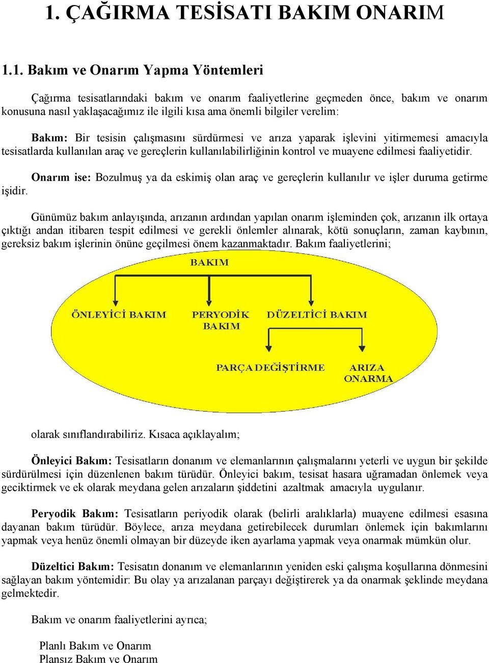 muayene edilmesi faaliyetidir. Onarım ise: Bozulmuş ya da eskimiş olan araç ve gereçlerin kullanılır ve işler duruma getirme işidir.