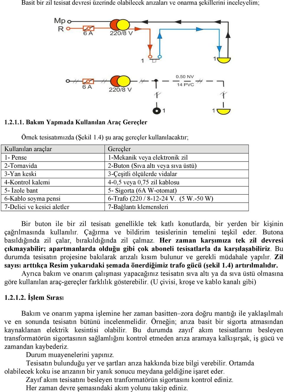 4-Kontrol kalemi 4-0,5 veya 0,75 zil kablosu 5- İzole bant 5- Sigorta (6A W-otomat) 6-Kablo soyma pensi 6-Trafo (220 / 8-12-24 V. (5 W.