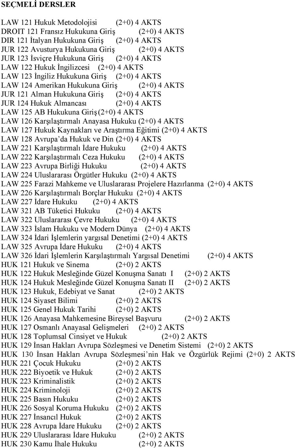 124 Hukuk Almancası (2+0) 4 AKTS 125 AB Hukukuna Giriş (2+0) 4 AKTS 126 Karşılaştırmalı Anayasa Hukuku (2+0) 4 AKTS 127 Hukuk Kaynakları ve Araştırma Eğitimi (2+0) 4 AKTS 128 Avrupa da Hukuk ve Din