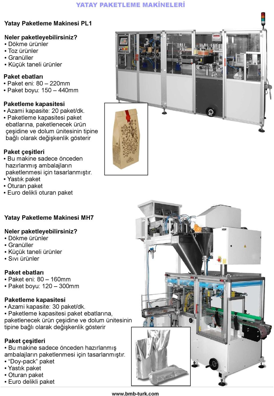 Paketleme kapasitesi paket ebatlarına, paketlenecek ürün çeşidine ve dolum ünitesinin tipine bağlı olarak değişkenlik gösterir Paket çeşitleri Bu makine sadece önceden hazırlanmış ambalajların