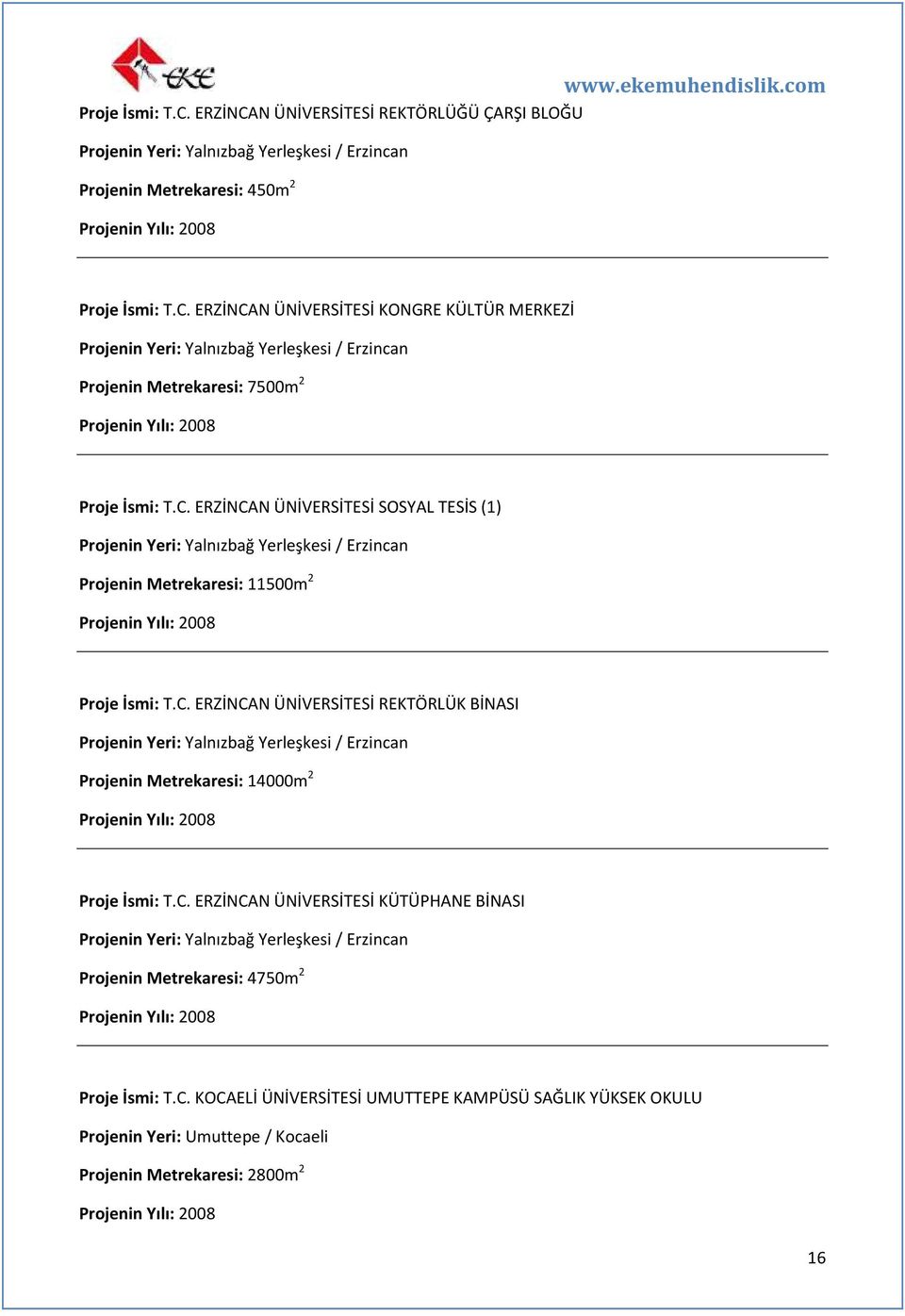 C. ERZİNCAN ÜNİVERSİTESİ KÜTÜPHANE BİNASI Projenin Yeri: Yalnızbağ Yerleşkesi / Erzincan Projenin Metrekaresi: 4750m 2 Projenin Yılı: 2008 Proje İsmi: T.C. KOCAELİ ÜNİVERSİTESİ UMUTTEPE KAMPÜSÜ SAĞLIK YÜKSEK OKULU Projenin Yeri: Umuttepe / Kocaeli Projenin Metrekaresi: 2800m 2 Projenin Yılı: 2008 16
