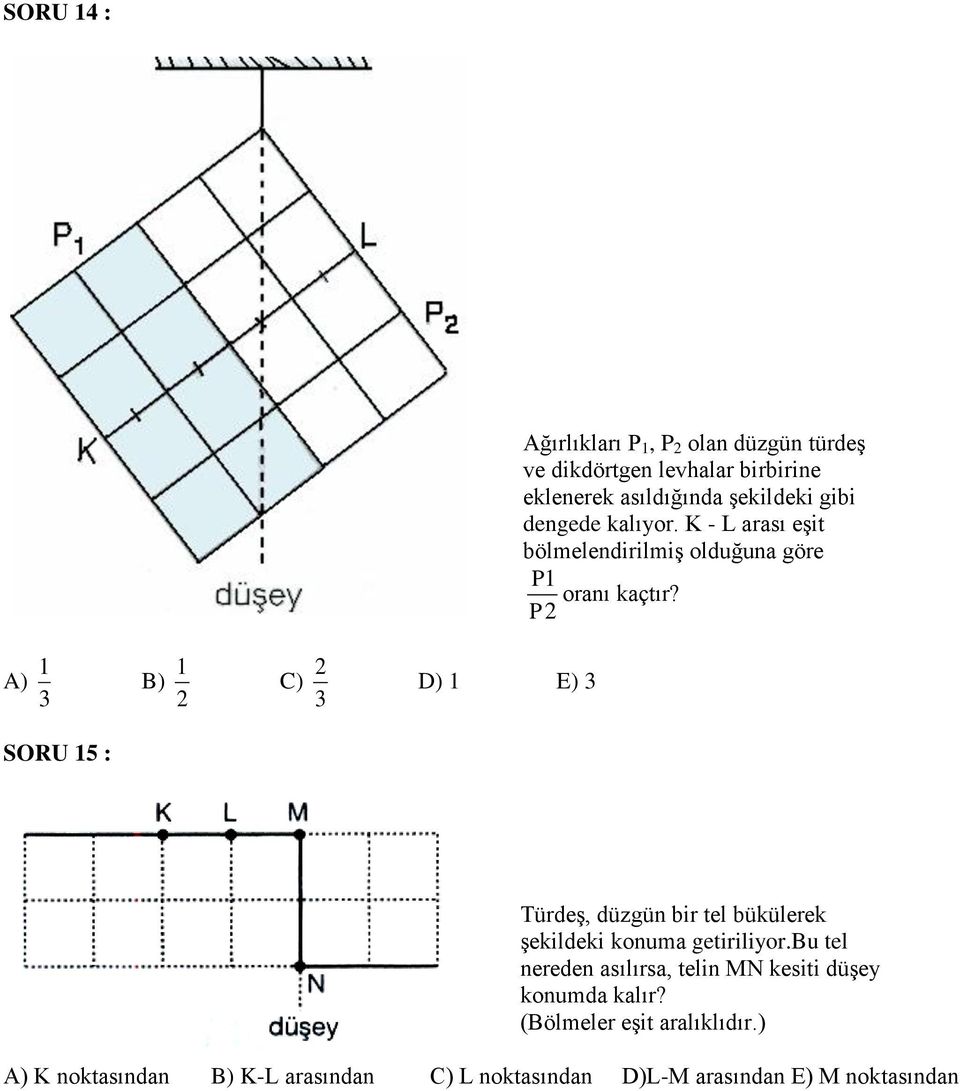 P2 A) 3 1 B) 2 1 C) 3 2 D) 1 E) 3 SORU 15 : Türdeş, düzgün bir tel bükülerek şekildeki konuma getiriliyor.