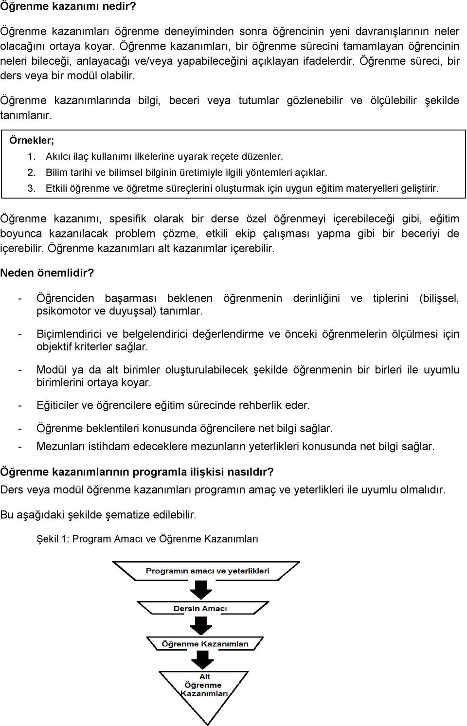 Öğrenme kazanımlarında bilgi, beceri veya tutumlar gözlenebilir ve ölçülebilir şekilde tanımlanır. Örnekler; 1. Akılcı ilaç kullanımı ilkelerine uyarak reçete düzenler. 2.