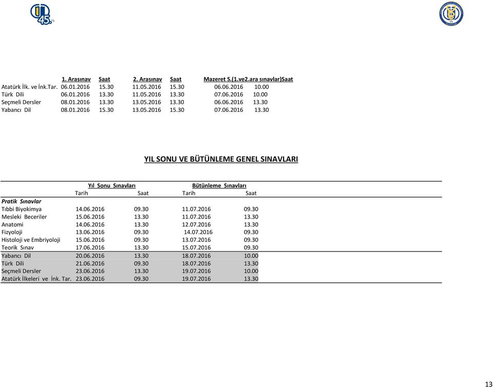 06.2016 09.30 11.07.2016 09.30 Mesleki Beceriler 15.06.2016 13.30 11.07.2016 13.30 Anatomi 14.06.2016 13.30 12.07.2016 13.30 Fizyoloji 13.06.2016 09.30 14.07.2016 09.30 Histoloji ve Embriyoloji 15.06.2016 09.30 13.