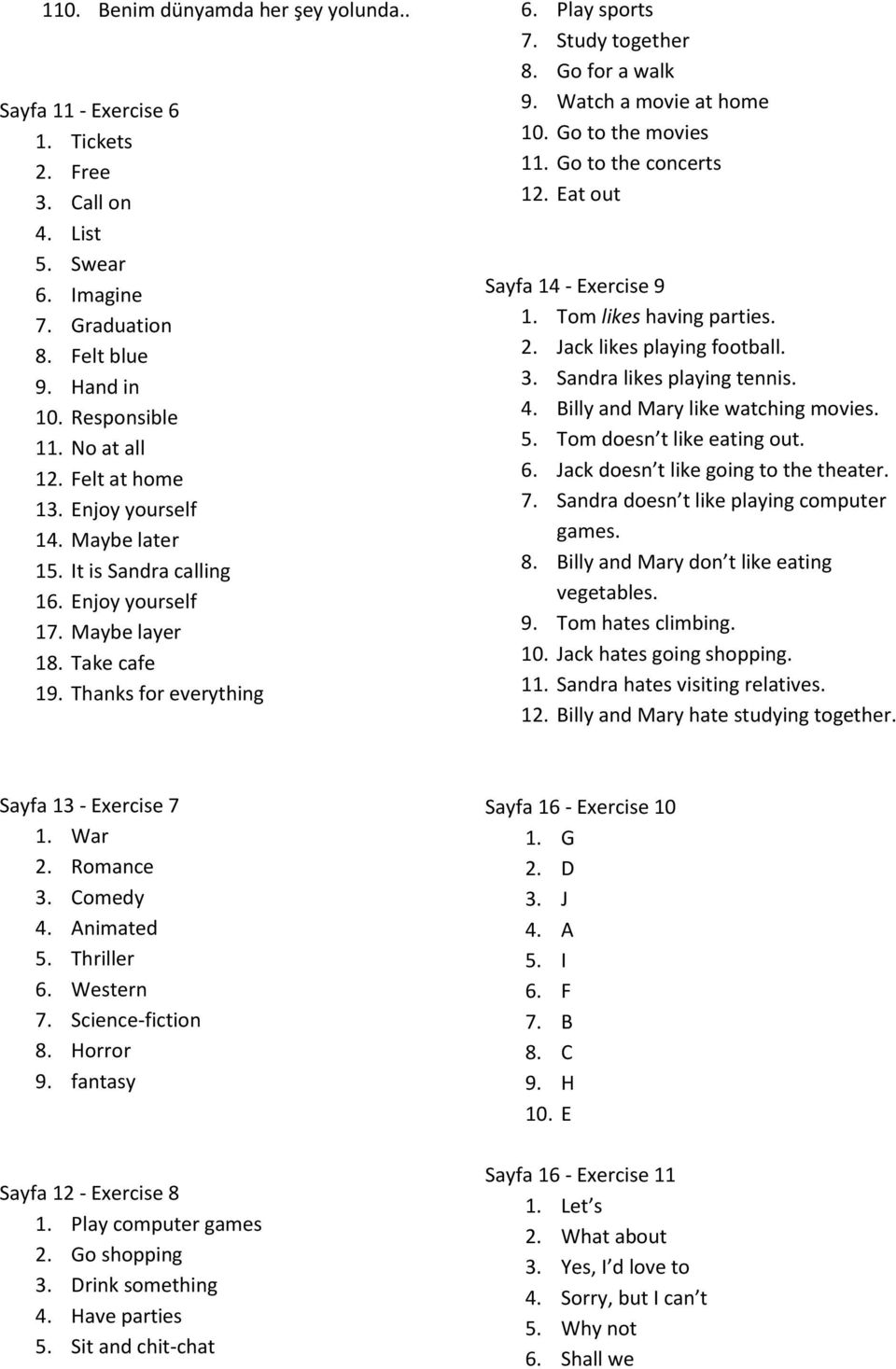 Watch a movie at home 10. Go to the movies 11. Go to the concerts 12. Eat out Sayfa 14 - Exercise 9 1. Tom likes having parties. 2. Jack likes playing football. 3. Sandra likes playing tennis. 4.