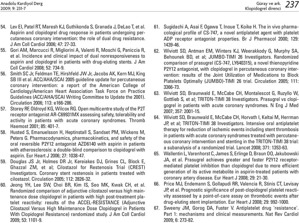 Gori AM, Marcucci R, Migliorini A, Valenti R, Moschi G, Paniccia R, et al. Incidence and clinical impact of dual nonresponsiveness to aspirin and clopidogrel in patients with drug-eluting stents.