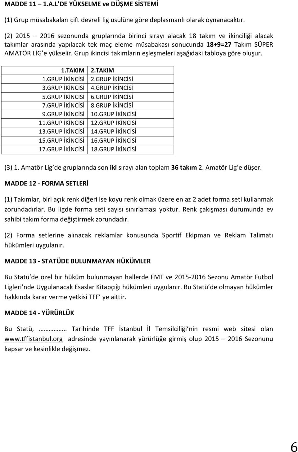 Grup ikincisi takımların eşleşmeleri aşağıdaki tabloya göre oluşur. 1.TAKIM 2.TAKIM 1.GRUP İKİNCİSİ 2.GRUP İKİNCİSİ 3.GRUP İKİNCİSİ 4.GRUP İKİNCİSİ 5.GRUP İKİNCİSİ 6.GRUP İKİNCİSİ 7.GRUP İKİNCİSİ 8.