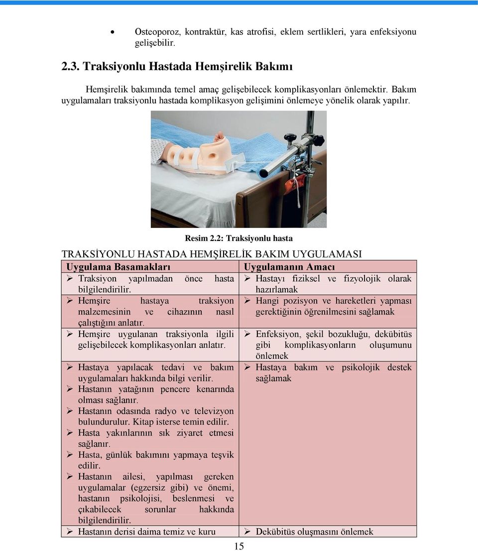 Bakım uygulamaları traksiyonlu hastada komplikasyon gelişimini önlemeye yönelik olarak yapılır. Resim 2.