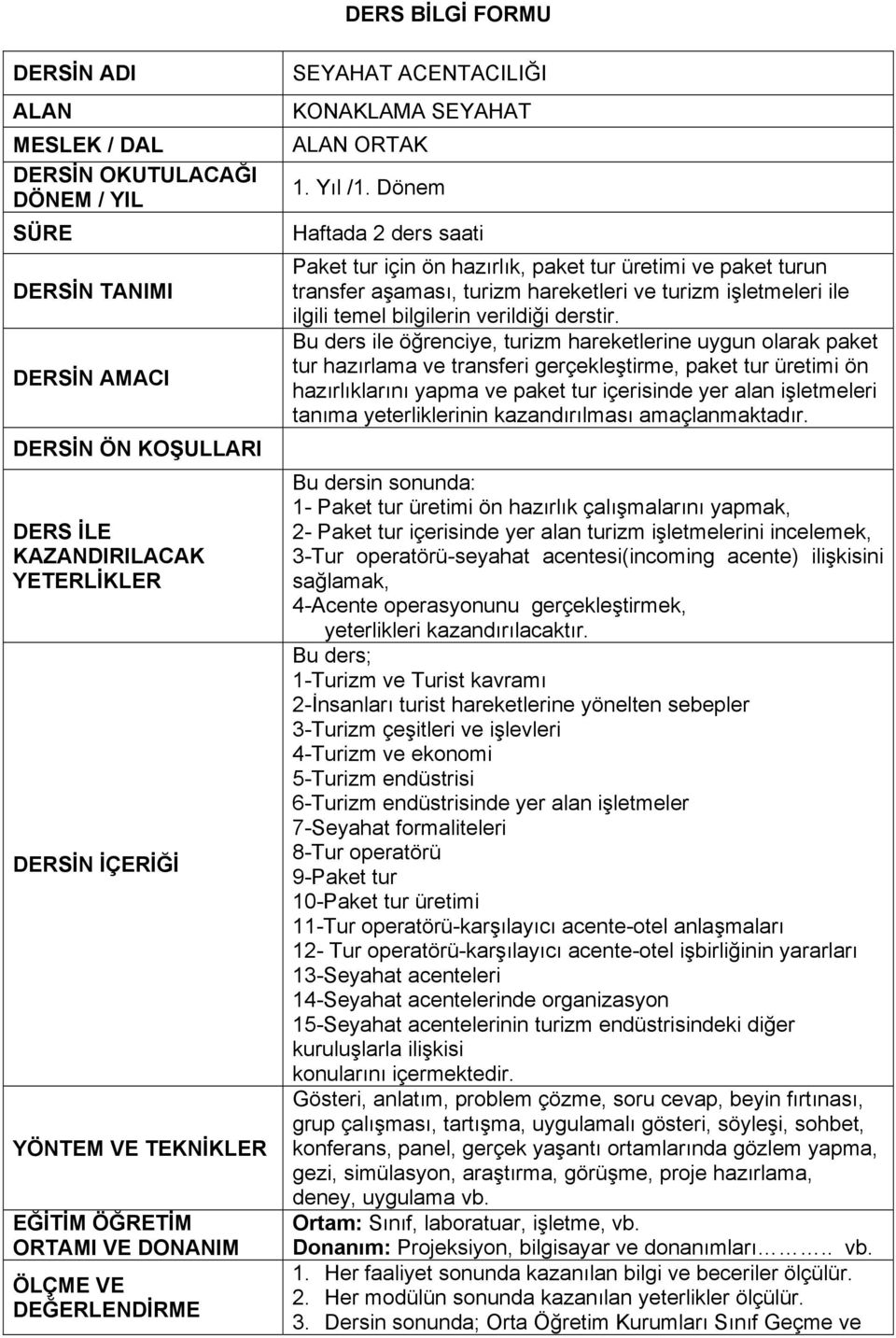 Dönem Haftada 2 ders saati Paket tur için ön hazırlık, paket tur üretimi ve paket turun transfer aşaması, turizm hareketleri ve turizm işletmeleri ile ilgili temel bilgilerin verildiği derstir.