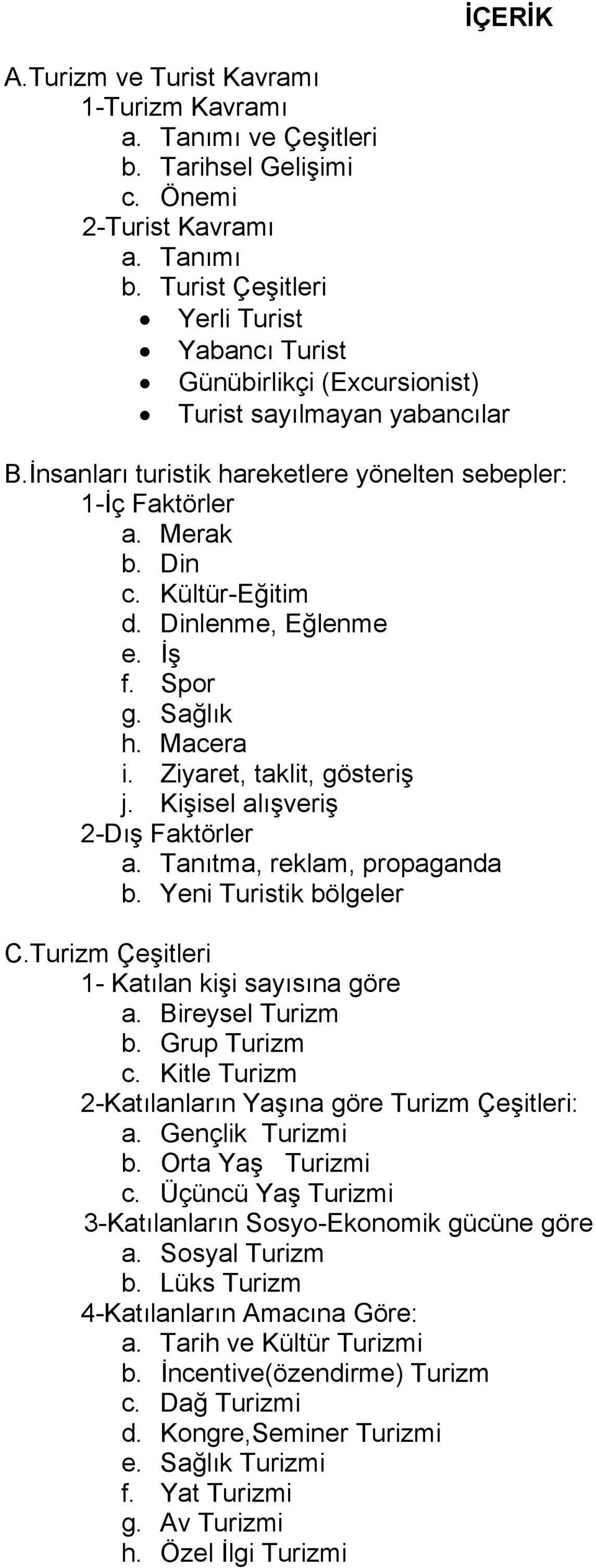 Kültür-Eğitim d. Dinlenme, Eğlenme e. İş f. Spor g. Sağlık h. Macera i. Ziyaret, taklit, gösteriş j. Kişisel alışveriş 2-Dış Faktörler a. Tanıtma, reklam, propaganda b. Yeni Turistik bölgeler C.