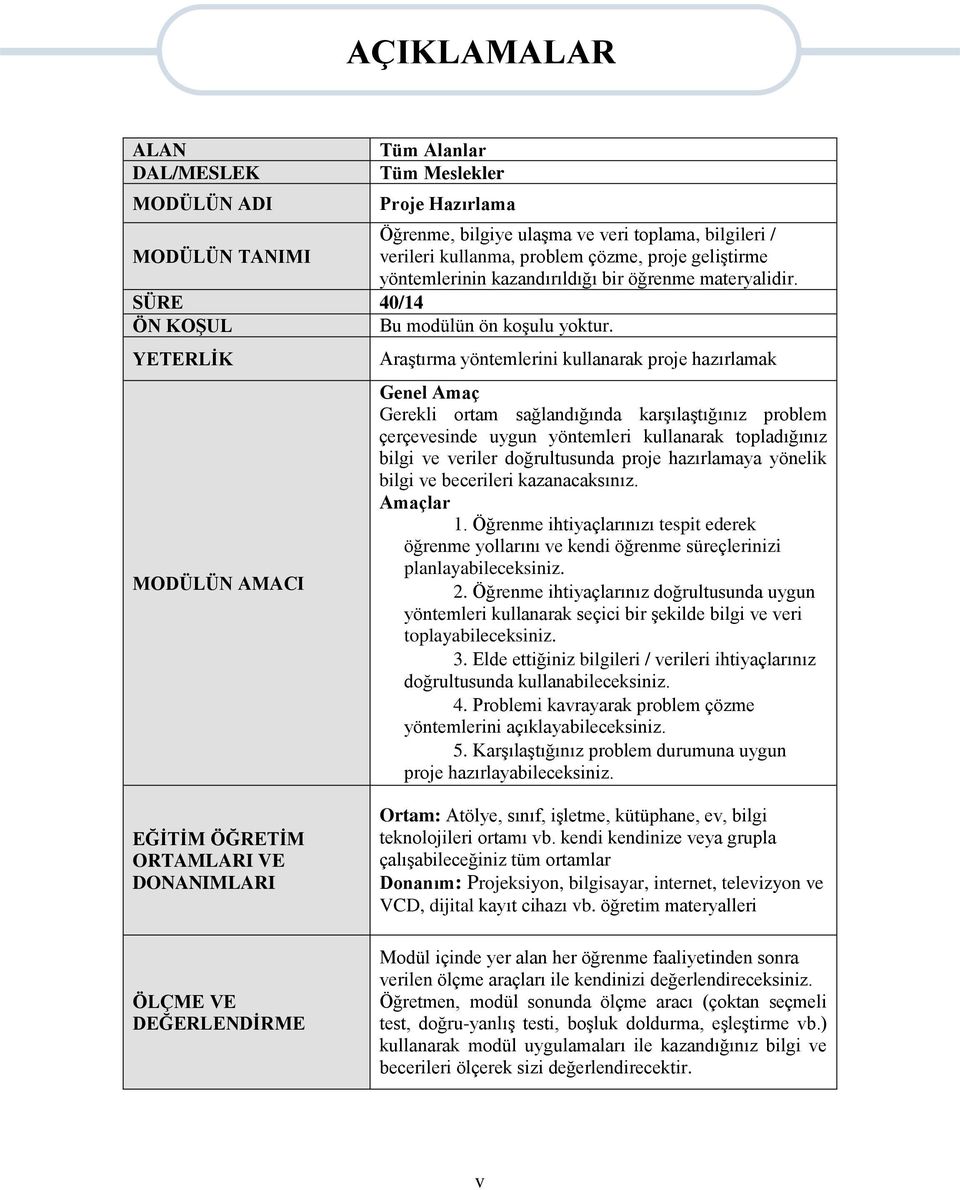 YETERLİK MODÜLÜN AMACI AÇIKLAMALAR Araştırma yöntemlerini kullanarak proje hazırlamak Genel Amaç Gerekli ortam sağlandığında karşılaştığınız problem çerçevesinde uygun yöntemleri kullanarak