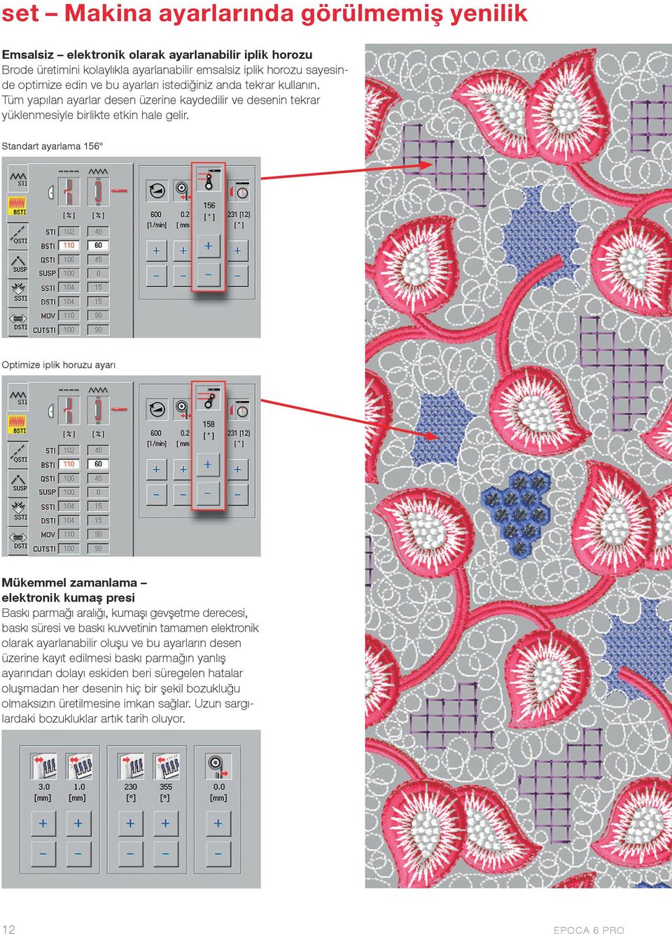 Standart ayarlama 156 Optimize iplik horuzu ayarı Mükemmel zamanlama elektronik kumaş presi Baskı parmağı aralığı, kumaşı gevşetme derecesi, baskı süresi ve baskı kuvvetinin tamamen elektronik olarak