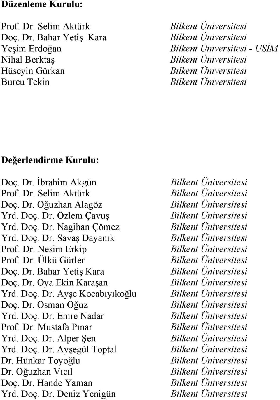 Bahar Yetiş Kara Yeşim Erdoğan Nihal Berktaş Hüseyin Gürkan Burcu Tekin Bilkent Üniversitesi Bilkent Üniversitesi Bilkent Üniversitesi - USİM Bilkent Üniversitesi Bilkent Üniversitesi Bilkent