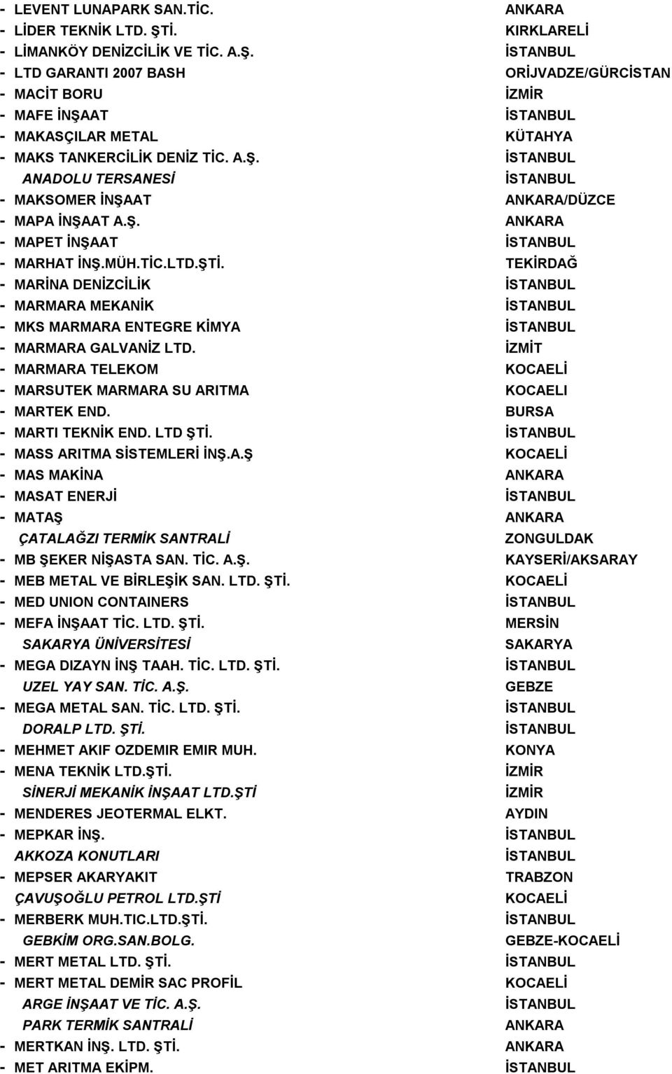 TEKİRDAĞ - MARİNA DENİZCİLİK - MARMARA MEKANİK - MKS MARMARA ENTEGRE KİMYA - MARMARA GALVANİZ LTD. - MARMARA TELEKOM - MARSUTEK MARMARA SU ARITMA KOCAELI - MARTEK END. BURSA - MARTI TEKNİK END.