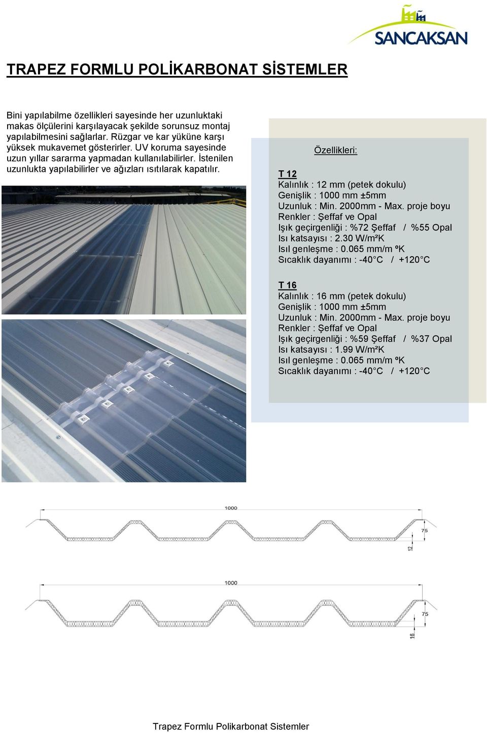 Özellikleri: T 12 Kalınlık : 12 mm (petek dokulu) Genişlik : 1000 mm ±5mm Uzunluk : Min. 2000mm - Max. proje boyu Renkler : Şeffaf ve Opal Işık geçirgenliği : %72 Şeffaf / %55 Opal Isı katsayısı : 2.