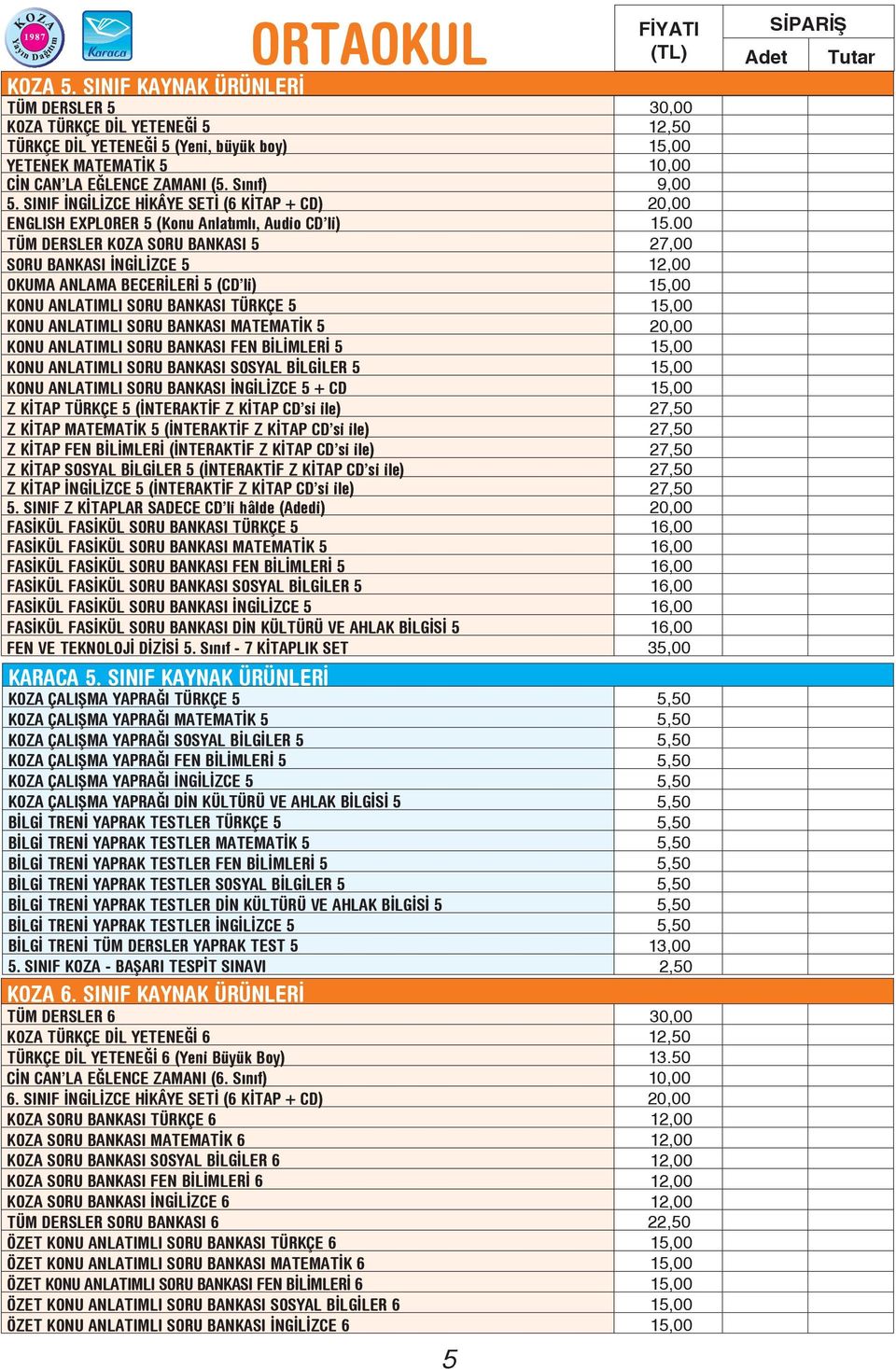 00 TÜM DERSLER KOZA SORU BANKASI 5 27,00 SORU BANKASI İNGİLİZCE 5 12,00 OKUMA ANLAMA BECERİLERİ 5 (CD li) 15,00 KONU ANLATIMLI SORU BANKASI TÜRKÇE 5 15,00 KONU ANLATIMLI SORU BANKASI MATEMATİK 5