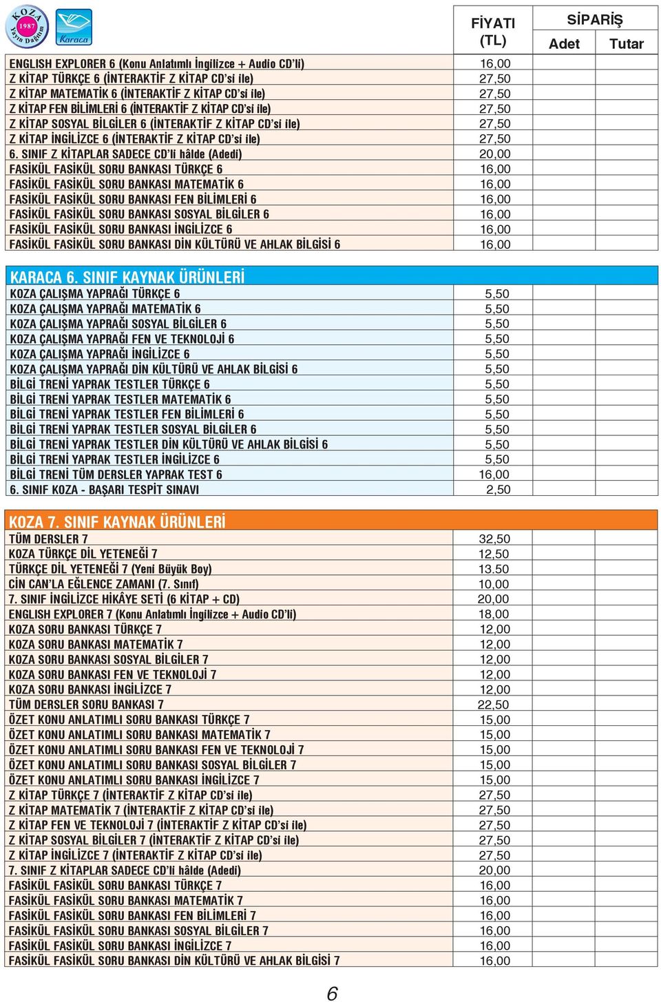 SINIF Z KİTAPLAR SADECE CD li hâlde (Adedi) 20,00 FASİKÜL FASİKÜL SORU BANKASI TÜRKÇE 6 16,00 FASİKÜL FASİKÜL SORU BANKASI MATEMATİK 6 16,00 FASİKÜL FASİKÜL SORU BANKASI FEN BİLİMLERİ 6 16,00 FASİKÜL