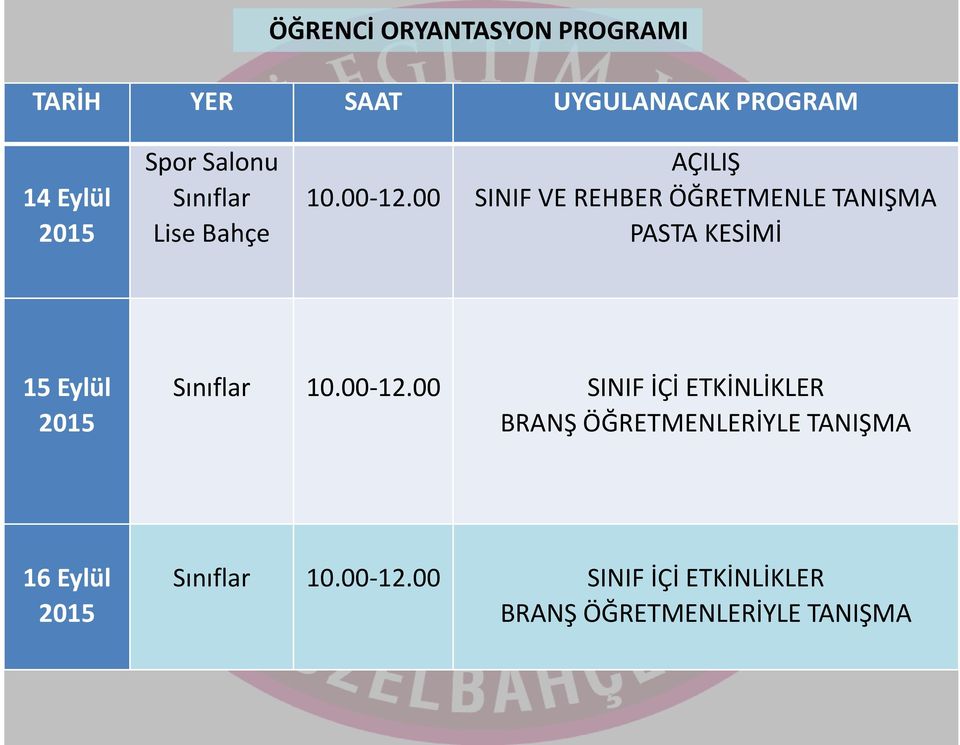 00 AÇILIŞ SINIF VE REHBER ÖĞRETMENLE TANIŞMA PASTA KESİMİ 15 Eylül 2015 Sınıflar 10.