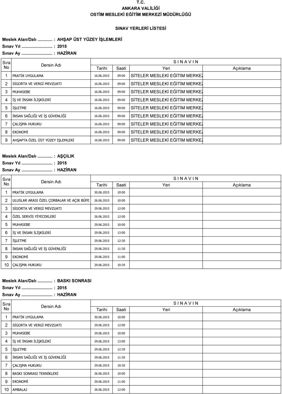 06.2015 09:00 SİTELER MESLEKİ EĞİTİM MERKEZİ 7 ÇALIŞMA HUKUKU 16.06.2015 09:00 SİTELER MESLEKİ EĞİTİM MERKEZİ 8 EKONOMİ 16.06.2015 09:00 SİTELER MESLEKİ EĞİTİM MERKEZİ 9 AHŞAPTA ÖZEL ÜST YÜZEY İŞLEMLERİ 16.