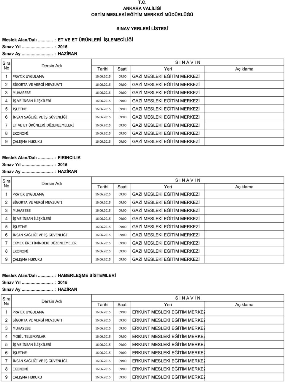 06.2015 09:00 GAZİ MESLEKİ EĞİTİM MERKEZİ 7 ET VE ET ÜRÜNLERİ DÜZENLEMELERİ 16.06.2015 09:00 GAZİ MESLEKİ EĞİTİM MERKEZİ 8 EKONOMİ 16.06.2015 09:00 GAZİ MESLEKİ EĞİTİM MERKEZİ 9 ÇALIŞMA HUKUKU 16.06.2015 09:00 GAZİ MESLEKİ EĞİTİM MERKEZİ Meslek Alan/Dalı.