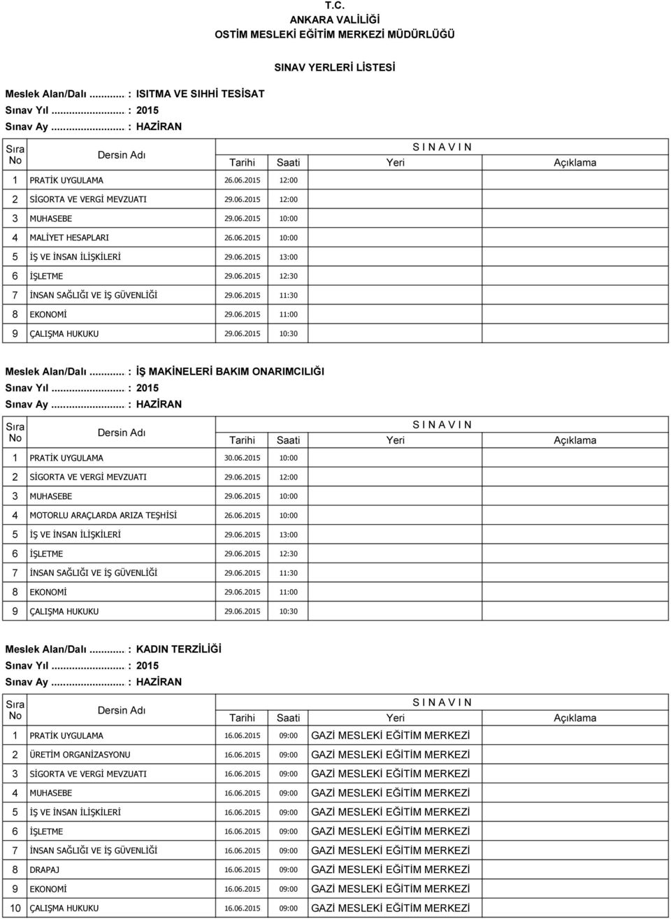 06.2015 09:00 GAZİ MESLEKİ EĞİTİM MERKEZİ 4 MUHASEBE 16.06.2015 09:00 GAZİ MESLEKİ EĞİTİM MERKEZİ 5 İŞ VE İNSAN İLİŞKİLERİ 16.06.2015 09:00 GAZİ MESLEKİ EĞİTİM MERKEZİ 6 İŞLETME 16.06.2015 09:00 GAZİ MESLEKİ EĞİTİM MERKEZİ 7 İNSAN SAĞLIĞI VE İŞ GÜVENLİĞİ 16.