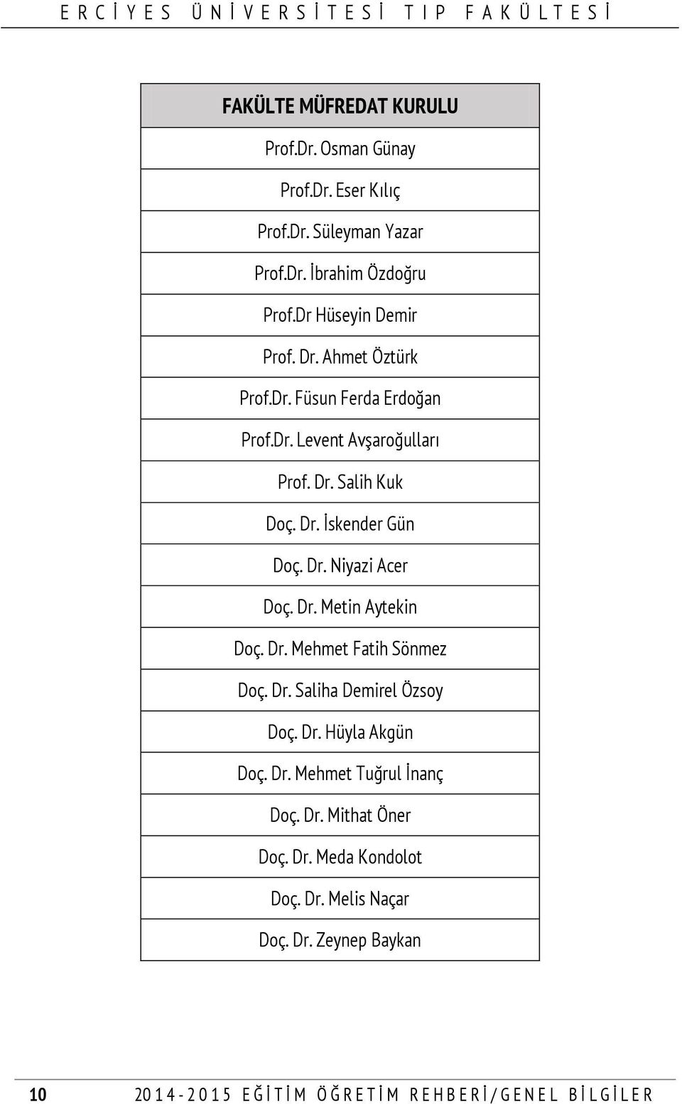 Dr. Mehmet Fatih Sönmez Doç. Dr. Saliha Demirel Özsoy Doç. Dr. Hüyla Akgün Doç. Dr. Mehmet Tuğrul İnanç Doç. Dr. Mithat Öner Doç. Dr. Meda Kondolot Doç.