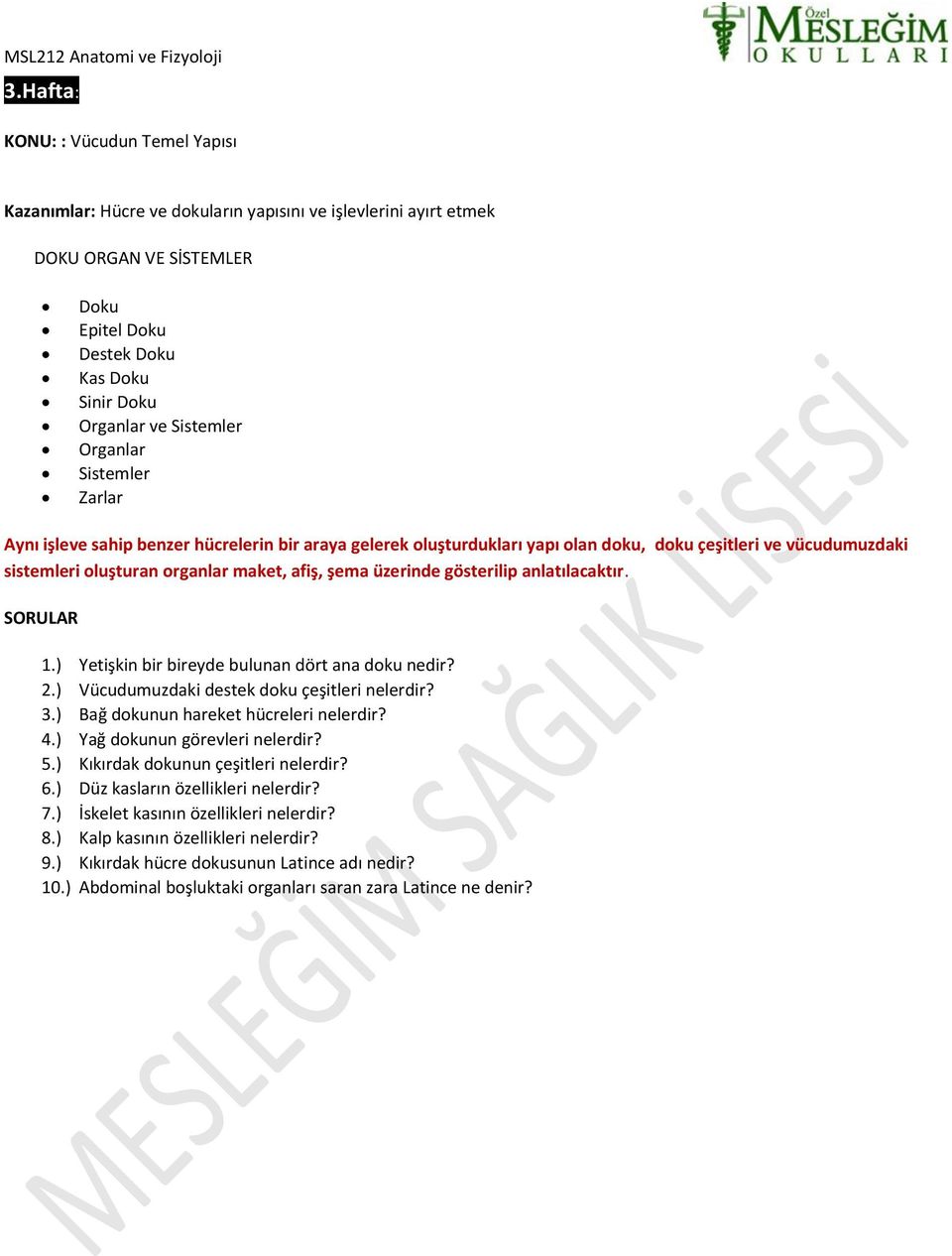 gösterilip anlatılacaktır. SORULAR 1.) Yetişkin bir bireyde bulunan dört ana doku nedir? 2.) Vücudumuzdaki destek doku çeşitleri nelerdir? 3.) Bağ dokunun hareket hücreleri nelerdir? 4.