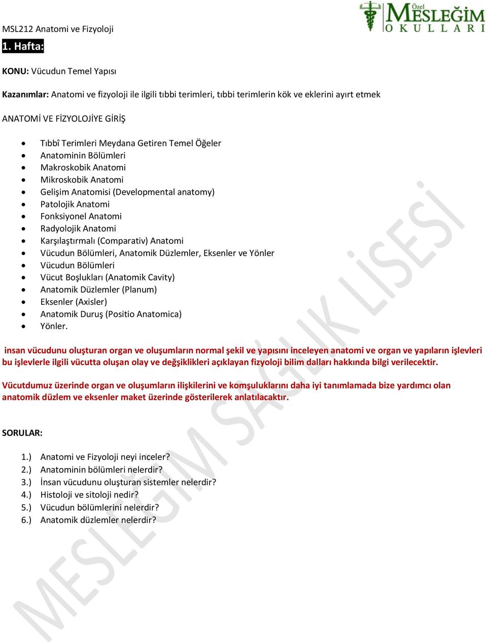 (Comparativ) Anatomi Vücudun Bölümleri, Anatomik Düzlemler, Eksenler ve Yönler Vücudun Bölümleri Vücut Boşlukları (Anatomik Cavity) Anatomik Düzlemler (Planum) Eksenler (Axisler) Anatomik Duruş