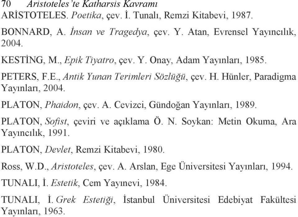 PLATON, Sofist, çeviri ve açıklama Ö. N. Soykan: Metin Okuma, Ara Yayıncılık, 1991. PLATON, Devlet, Remzi Kitabevi, 1980. Ross, W.D., Aristoteles, çev. A. Arslan, Ege Üniversitesi Yayınları, 1994.